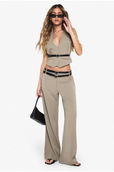 Woven Tailored Halterneck Belted Waistcoat - stone