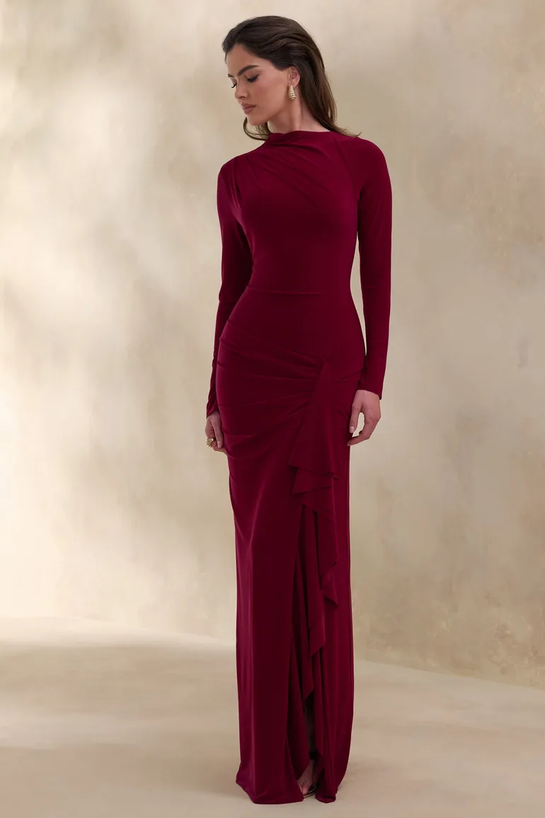 Karessa | Berry High-Neck Maxi Dress With Gathered Detailing And Front-High Split - 4