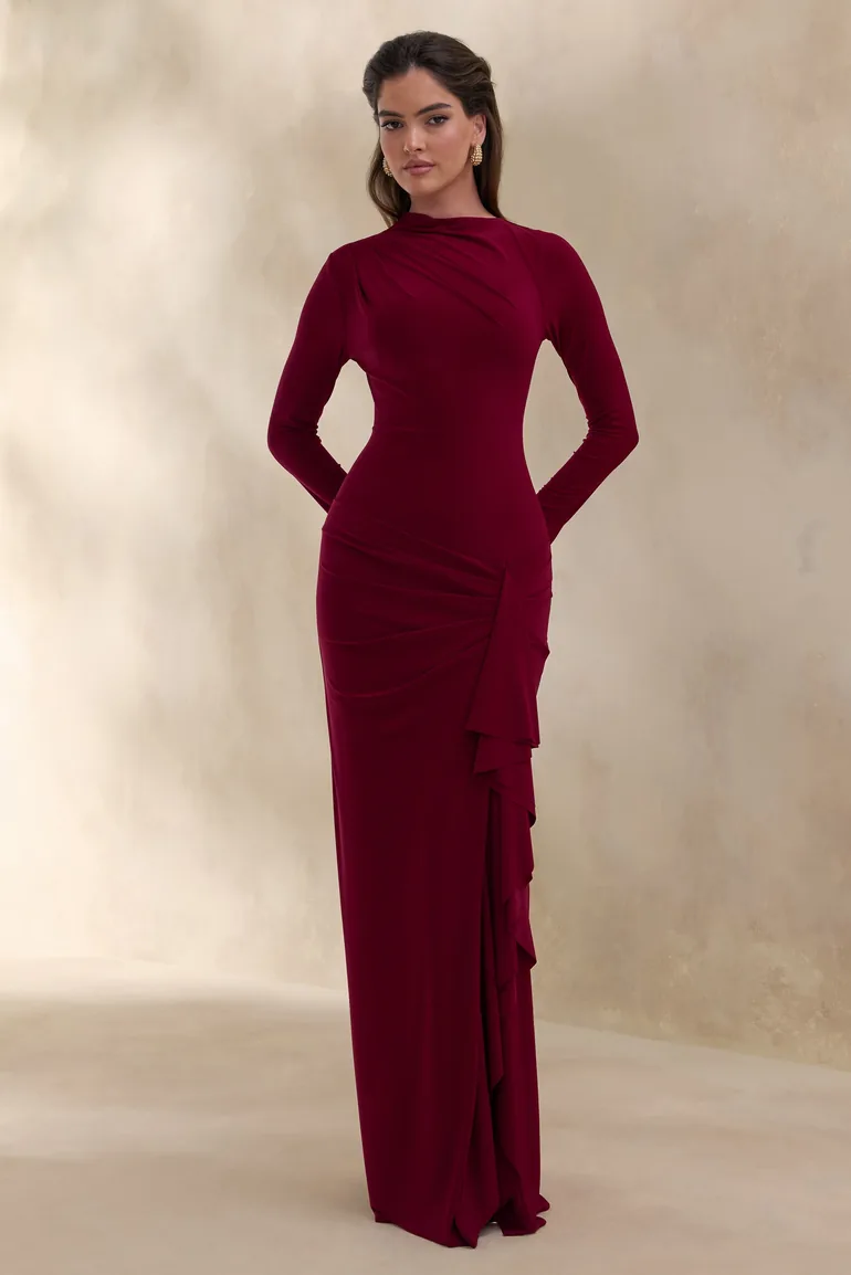 Karessa | Berry High-Neck Maxi Dress With Gathered Detailing And Front-High Split - 1