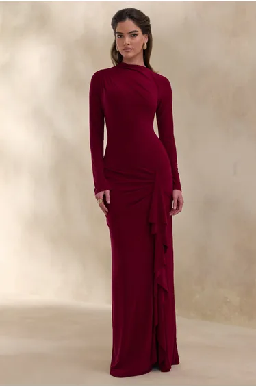 فستان ماكسي مزموم بياقة عالية بفتحة طويلة أمامية - أحمر