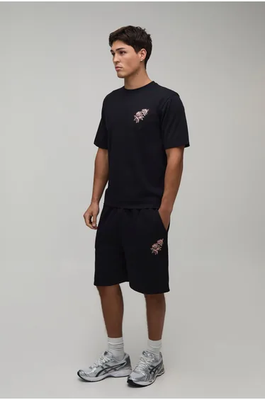 Regular Fit Rose Embroidered T-Shirt & Regular Fit Short Set - black