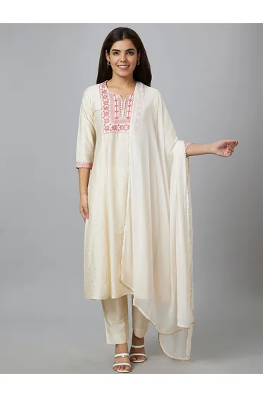Embroidered A-Line Kurta with Trouser and Dupatta Set
