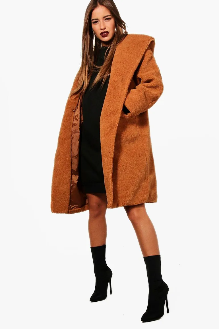 Petite Nicola Oversized Hooded Teddy Coat - camel