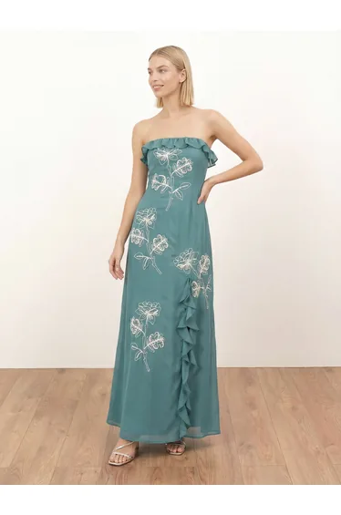 Maya Turquoise Floral Embroidered Bandeau Maxi Dress