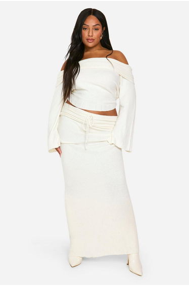 Plus Rib Edge Lace Up Knitted Floor Length Skirt - cream