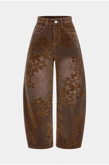 Denim Floral Print High-Waist Pocket Jeans