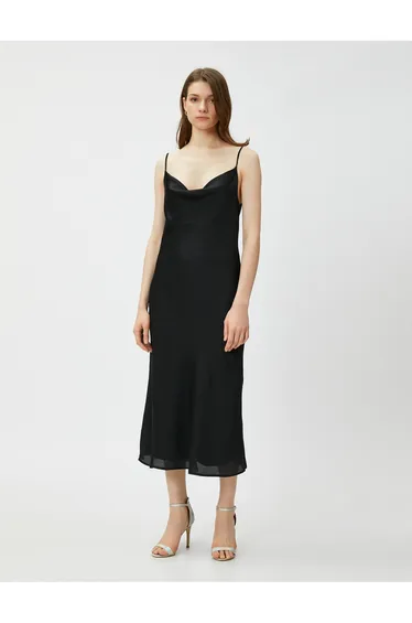 Black Satin Column Midi Party Dress