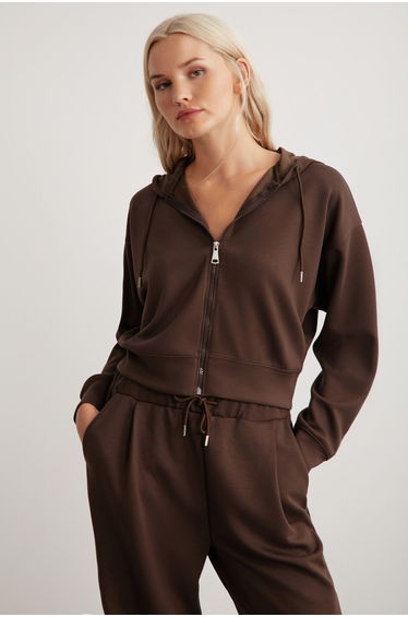 Jill Women's Relaxed Fit Comfortable Pattern Hooded Zippered Premium Fabric Knitted Crop Brown Sweatshirt
