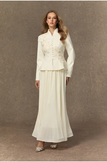 Graceful Arrival Black Lace Embroidered Jacket & Pleated Skirt Set