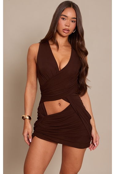 Deep Chocolate Double Layer Mesh Wrap Mini Dress