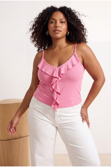 Pink Pink Strap Frilly Fitted/Slim Fit Knitted Plus Size Blouse