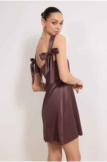 Brown Satin Straight Adjustable Strap Mini Dress