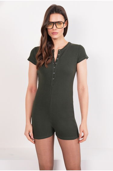 Women's Khaki Crew Neck Corded Fabric Short Sleeve Jumpsuit Romper