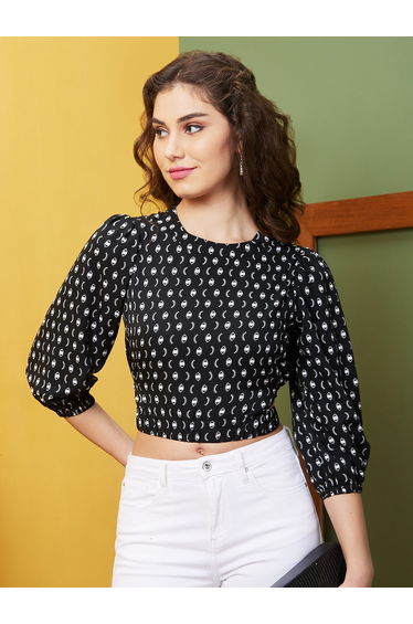 Abstract Print Round Neck Puff Sleeves Crop Top
