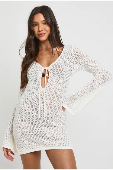 Key Hole Tie Long Sleeve Crochet Mini Beach Dress - cream