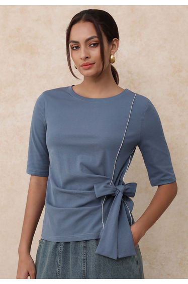 Self-Tie Bowknot Zip Tape Decor Top in Dusty Blue