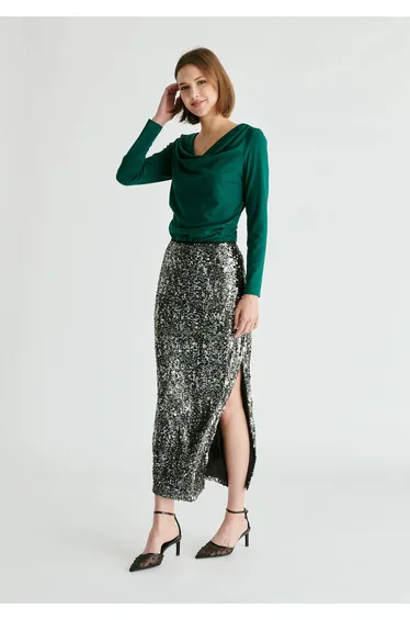 Sequin Midi Skirt with Side Slit