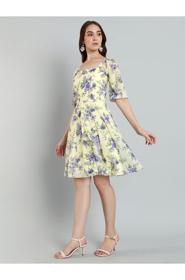 Women Yellow Floral Knee Length Dress
