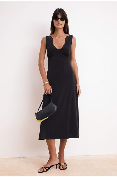 Black A-Line/A Bell Form V-Neck Sleeveless Lace Detailed Midi Satin Knitted Dress