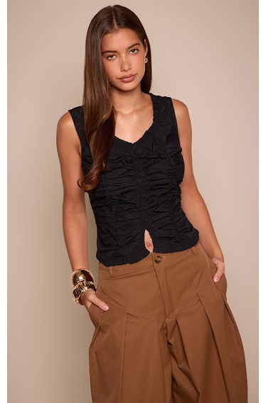 Black Cotton Ruched Front Fitted Top
