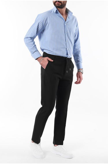 Black Slim Fit Waist Tie Detail Fabric Woven Trousers