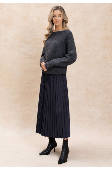 Asymmetric Panel Pleated Maxi Skirt in Navy