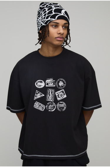 Oversized Boxy Contrast Stitch Stamp Print T-Shirt - black