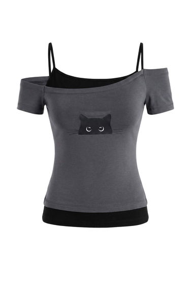 Anthracite Printed Regular Asymmetric Collar Low Sleeve Short Soft Knitted Blouse