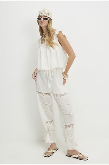 Cream Cotton Blend Lace Insert Jumpsuit