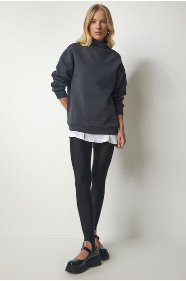Women's Anthracite Stand-Up Collar Basic Shark Sweatshirt