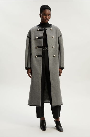 Brushed Wool PU Mix Tailored Collarless Midi Coat