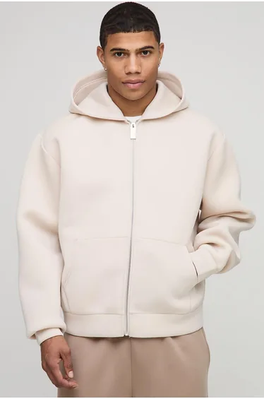 Oversized Boxy Bonded Scuba Zip Through Hoodie - stone