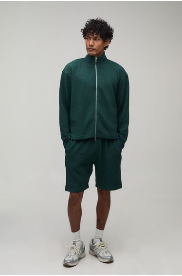 Oversized Boxy Rib Dual Ended Zip Through Funnel Neck Short Tracksuit - forest
