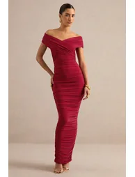 Evelora | Red Wrapped Bardot-Neck Maxi Dress With Ruched Detailing - 1