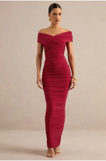 Evelora | Red Wrapped Bardot-Neck Maxi Dress With Ruched Detailing