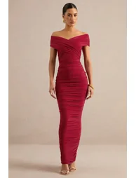 Evelora | Red Wrapped Bardot-Neck Maxi Dress With Ruched Detailing