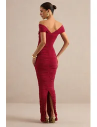 Evelora | Red Wrapped Bardot-Neck Maxi Dress With Ruched Detailing - 2