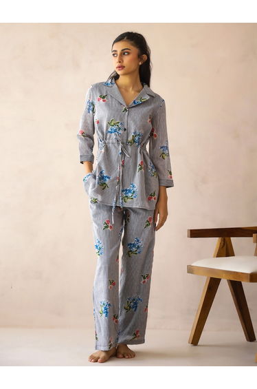 Black Floral Lapel Collar Cotton Shirt and Pants Pyjama Set