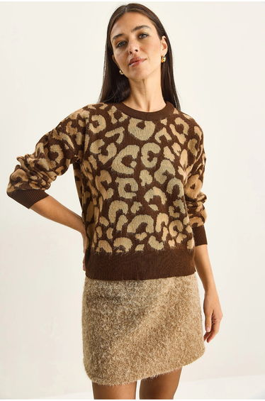LUCCI Leopard Print Crew Neck Pullover Sweater