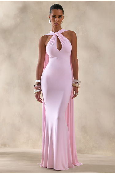 Rhoda | Light Pink Twist Halter-Neck Cape Maxi Dress