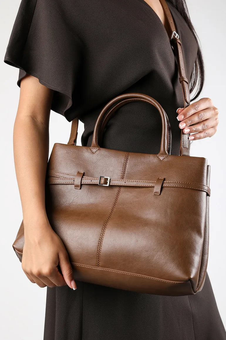 Flores Luxury Structured Leather Tote Bag in Tan - 7