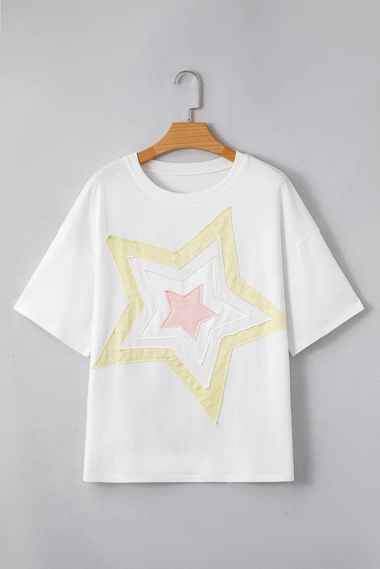 White Star Layered Patched Graphic Drop Shoulder Half Sleeve Loose Tee - 11