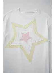 White Star Layered Patched Graphic Drop Shoulder Half Sleeve Loose Tee - 13