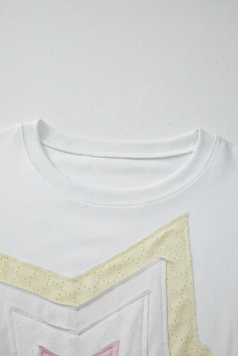 White Star Layered Patched Graphic Drop Shoulder Half Sleeve Loose Tee - 14
