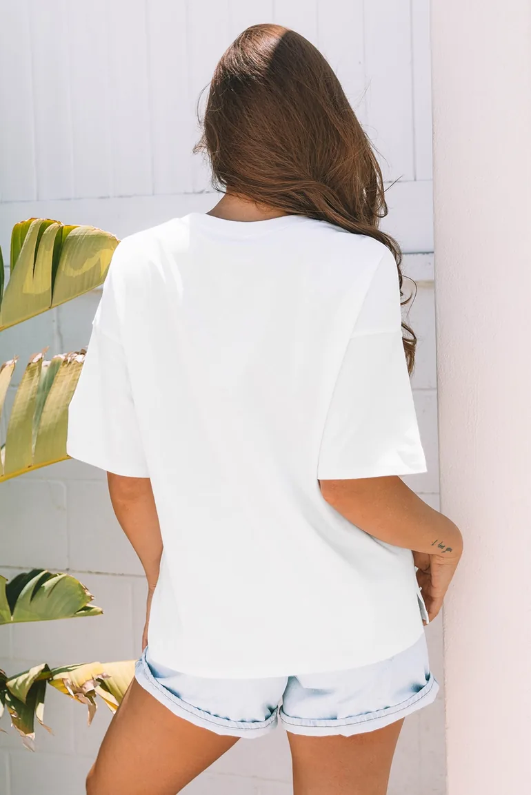 White Star Layered Patched Graphic Drop Shoulder Half Sleeve Loose Tee - 1