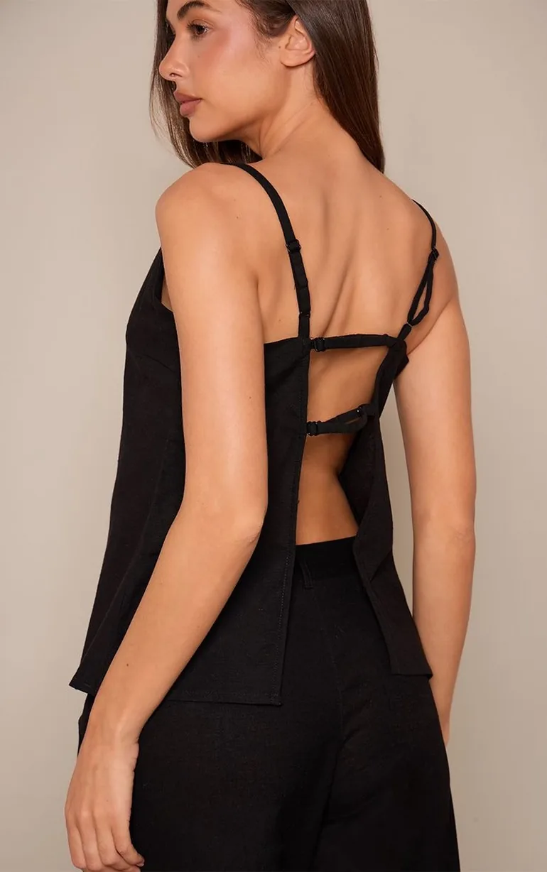 Black Linen Look Strappy Back Detail Cami Top - 3