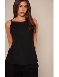 Black Linen Look Strappy Back Detail Cami Top