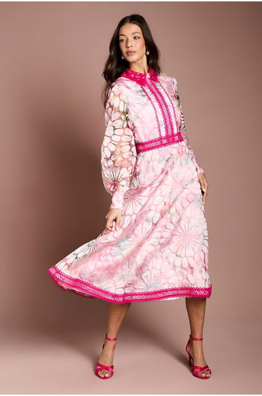 Printed Organza Contrast Collar Lace Trim Midi Dress