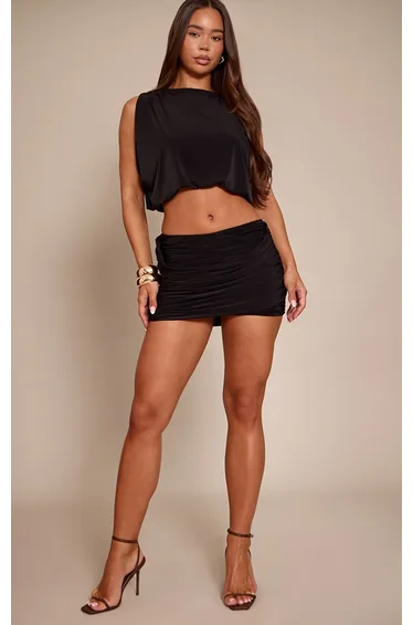 Black Double Layer Slinky Drape Mini Skirt