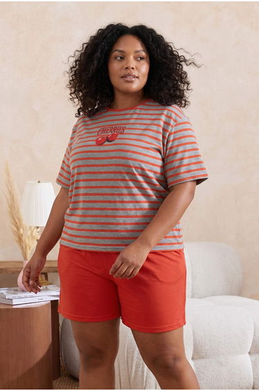 Gray-Multicolor Teddy Bear Printed Striped Knitted Plus Size Pajama